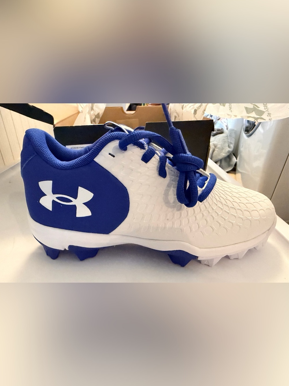Under Armour White and Blue Kids Soccer Cleats